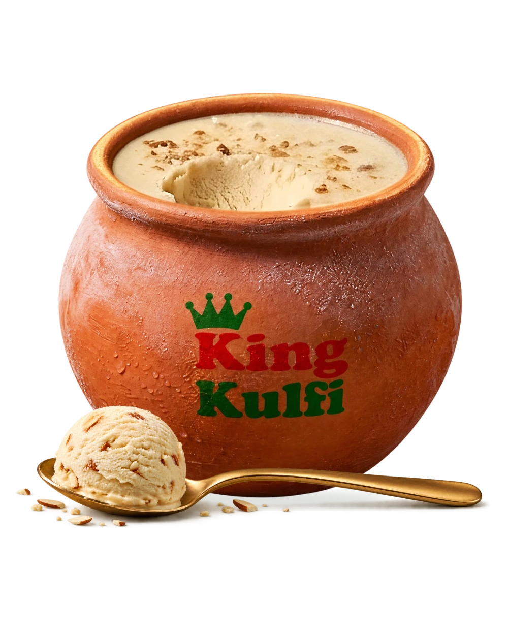 Almond matka kulfi in a branded terracotta pot, with a gold spoon and scoop resting at the base.