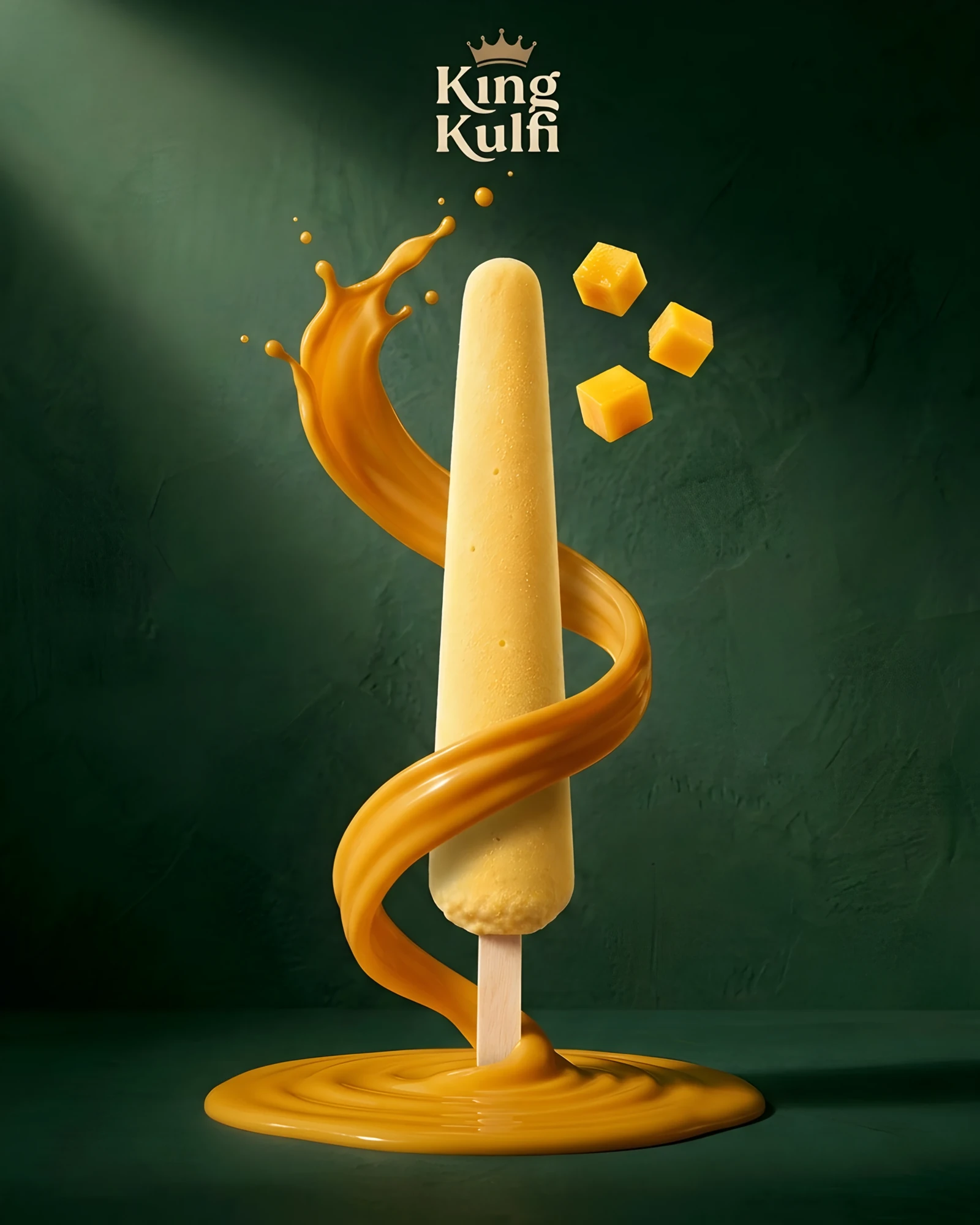 Mango King Kulfi with a flowing flavour splash on emerald